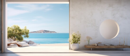 A room overlooking the ocean with a large door leading to a balcony. The summer sunlight fills the room, highlighting the beautiful blue waters.