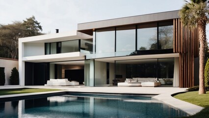 Modern villa with a minimalist exterior, incorporating clean lines and large glass panels