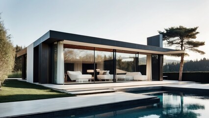 Obraz premium Modern villa with a minimalist exterior, incorporating clean lines and large glass panels