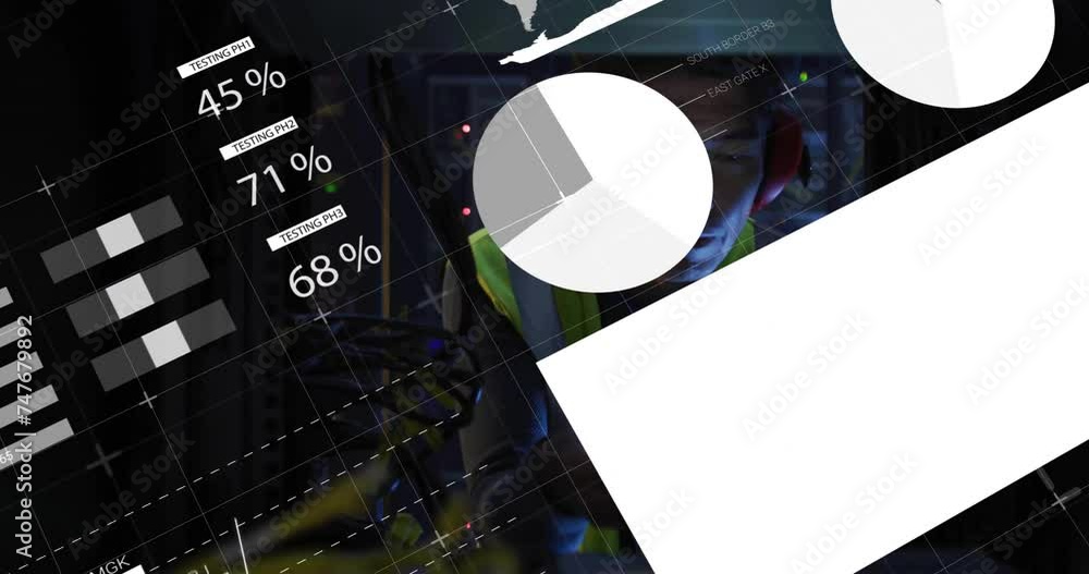 Poster animation of data processing over african american male it engineer by computer servers