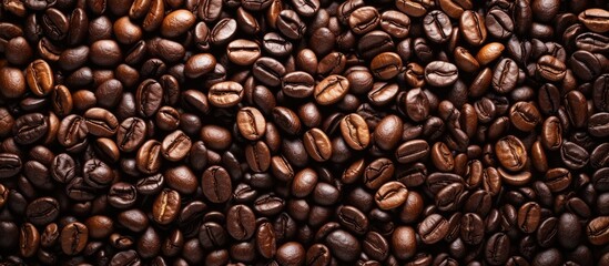 This top view photo showcases a significant pile of coffee beans, demonstrating the essence of a coffee bean background concept.