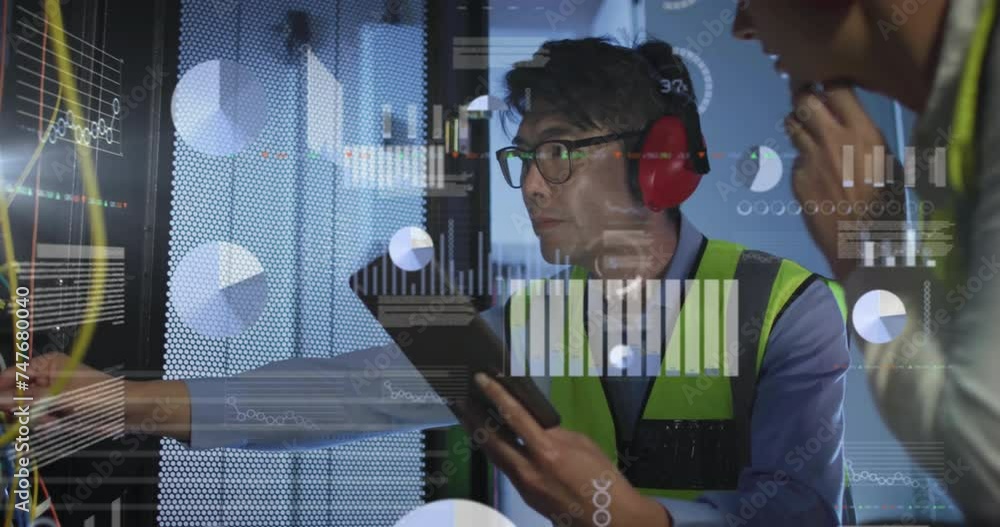 Poster animation of data processing over diverse it engineers by computer servers