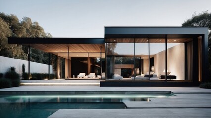 Fototapeta premium Modern villa with a minimalist exterior, incorporating clean lines and large glass panels