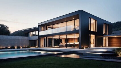 Modern villa with a minimalist exterior, incorporating clean lines and large glass panels