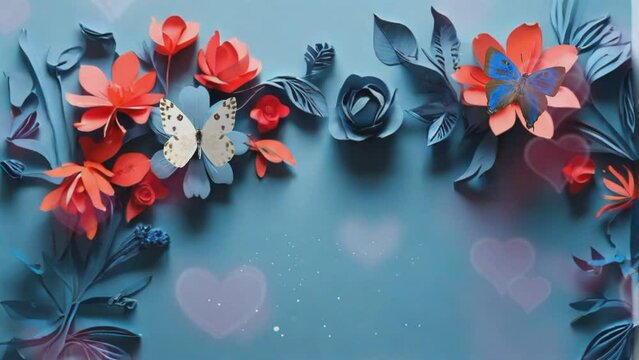 flowers on blue paper background. seamless looping time-lapse animation video background