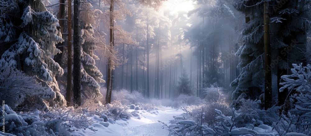 Poster the image showcases a vast snow-covered forest densely populated with numerous trees. the forest is 