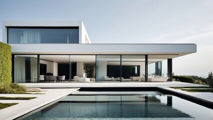 Modern villa with a minimalist exterior, incorporating clean lines and large glass panels