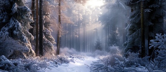 The image showcases a vast snow-covered forest densely populated with numerous trees. The forest is blanketed in a thick layer of snow, creating a serene winter wonderland scene. - obrazy, fototapety, plakaty