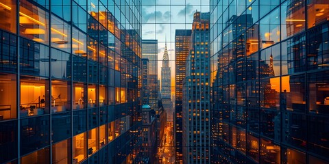 glass skyscrapers in the afternoon with reflected sunlight - obrazy, fototapety, plakaty