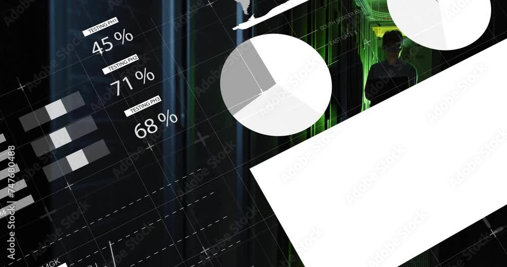 Poster animation of data processing over asian male it engineer by computer servers