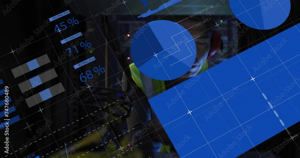 Poster animation of data processing over african american male it engineer by computer servers