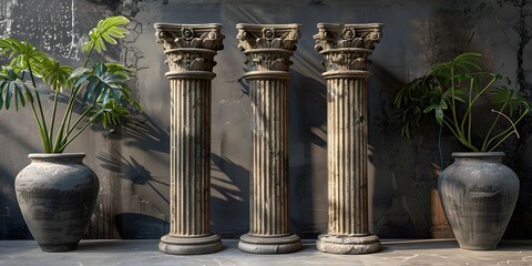 three stone pillars against black wall background - obrazy, fototapety, plakaty