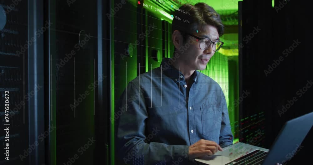 Aufkleber animation of data processing over asian male it engineer by computer servers