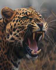 Fauchender Leopard fotorealistisch mit verschwommenem Hintergrund - obrazy, fototapety, plakaty