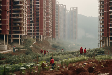 Urban Gardening in Asien, Anbau von Gemüse neben Hochhäusern zum Wohnen für die einfache Bevölkerung, Landwirtschaft und urbanes Leben in Asien