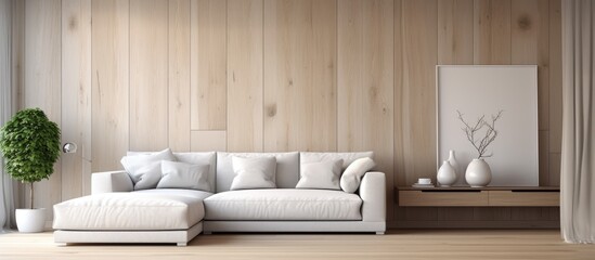 A white couch sits in a living room illuminated by natural light from a nearby window. The minimalistic design includes a wood wall and a grey sofa, creating a modern and sleek aesthetic.