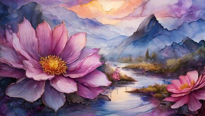 Abstrakcyjny krajobraz, fioletowe kwiaty i góry - obrazy, fototapety, plakaty