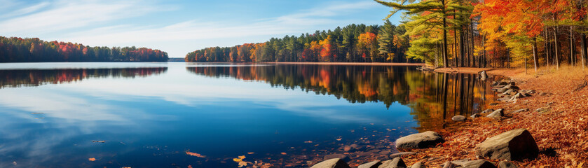 A tranquil lake reflecting the colors of autumn leaves - obrazy, fototapety, plakaty