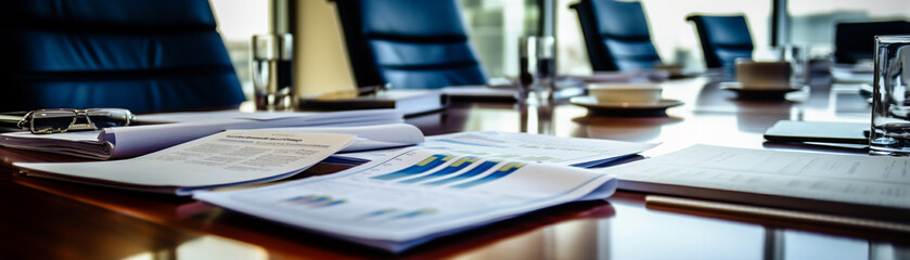 Financial reports spread out on a boardroom table - obrazy, fototapety, plakaty