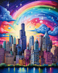 Craft a vibrant rainbow over a bustling cityscape at dusk. - obrazy, fototapety, plakaty