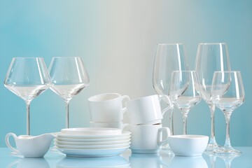 Set of many clean dishware and glasses on light blue table