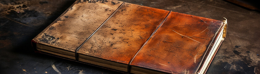 An old leather-bound ledger with faded writing - obrazy, fototapety, plakaty