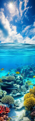 A bright and colorful image of a thriving coral reef in crystal clear waters.