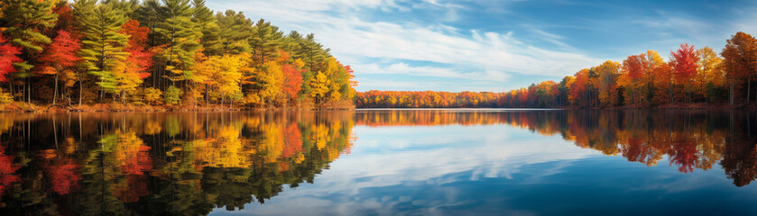 A tranquil lake reflecting the colors of autumn leaves - obrazy, fototapety, plakaty