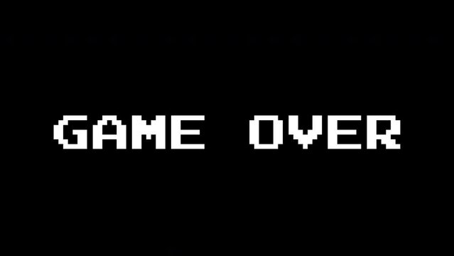 Game Over text animation with a glitch effect. Cyberpunk text with an old TV distortion effect. Retro, vintage 8-bit game style.