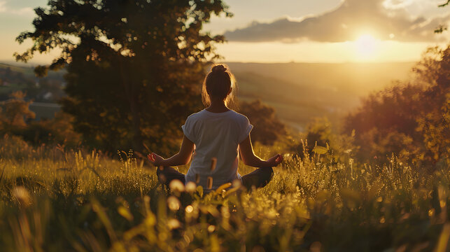meditating in nature, sunset