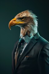  A Eagle in a suit, on a side, constant color background. Dramatic studio lighting from side
