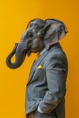  A elephant in a suit, on a side, constant color background. Dramatic studio lighting from side