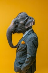  A elephant in a suit, on a side, constant color background. Dramatic studio lighting from side