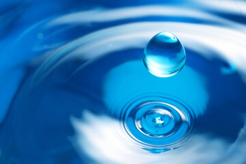 Drop falling into clear water on blue background, closeup