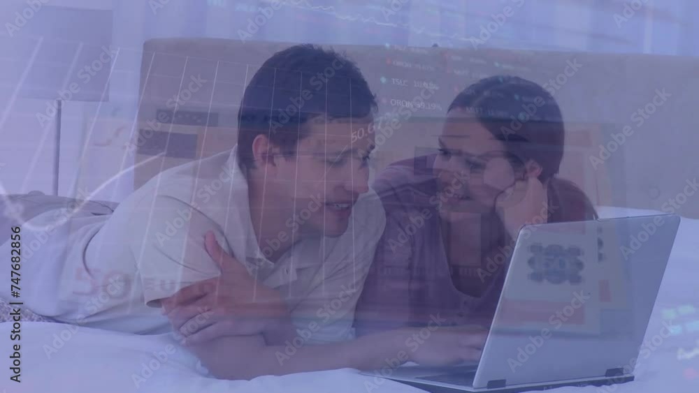 Poster animation of financial data processing over caucasian couple using laptop