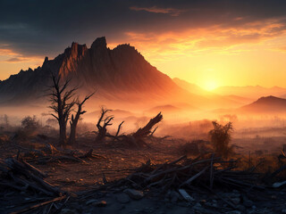 Desolate Abandoned Post-Apocalyptic Nature Scene, created with Generative AI technology