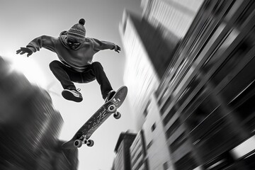 Dynamische Aufnahme eines Skateboarders auf den Straßen einer großen Stadt, Action und Geschwindigkeit - obrazy, fototapety, plakaty