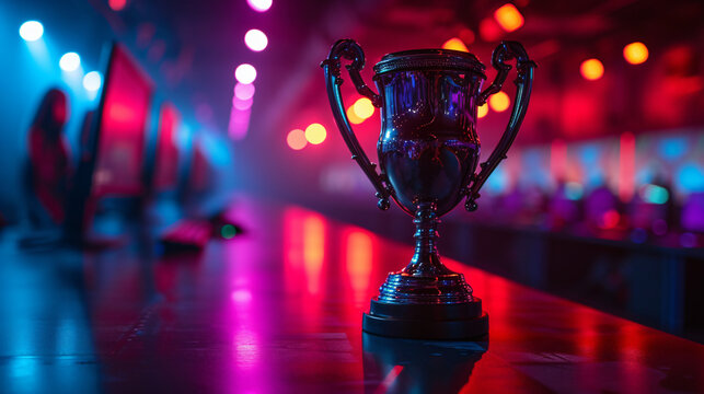 The esports winner trophy standing on the stage in the middle of the arena of the computer video game championship. Two rows of PCs for competing teams. Stylish neon lights with a cool design