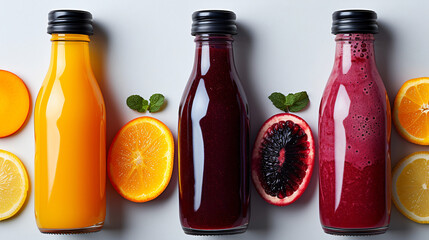 Three bottles of natural vegetable or fruit juices with black caps without labels isolated on a white background