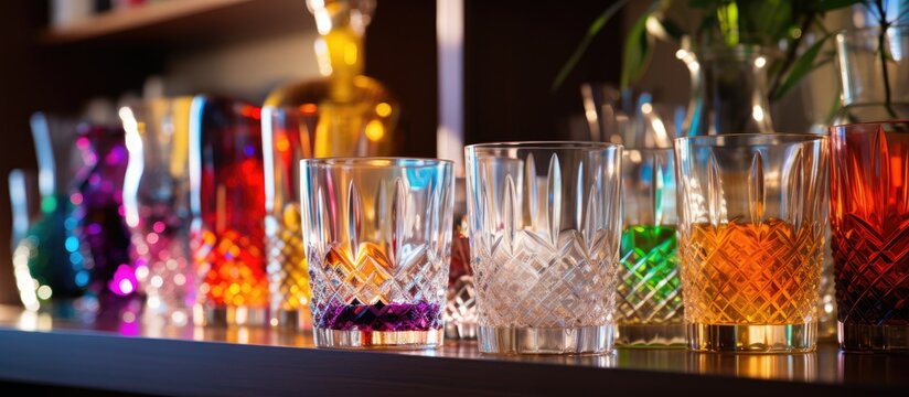 A close-up view of a row of vibrant and assorted glasses neatly organized on top of a home bar counter. Each glass is unique in color and shape, creating a visually appealing display.