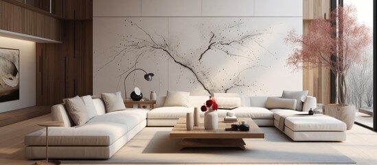 A spacious living room featuring a substantial couch and a striking painting hanging on the wall. The room exudes simplicity and elegance with its minimalist design.