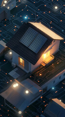 house with rooftop solar on a electronic circuit board. concept of solar energy system