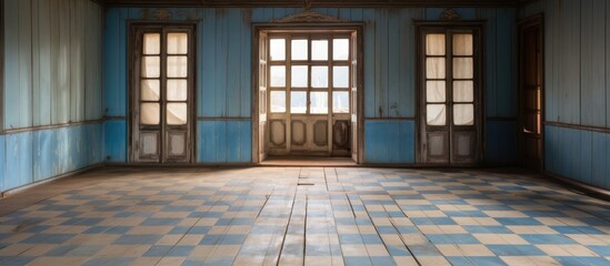 A room with blue walls and a checkered floor is shown empty. The room is painted in a calming shade of blue, and the floor is neatly tiled in a checkerboard pattern.