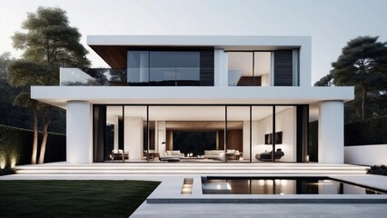 Fototapeta premium Modern villa with a minimalist exterior, incorporating clean lines and large glass panels