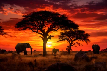 Deurstickers Her Majesty's Court: The Majesty of African Elephants Migrating Across Twilight Savannah © Adeline