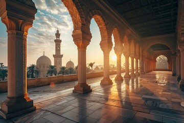 beautiful view of the mosque with the morning sun in the background - generative ai - obrazy, fototapety, plakaty