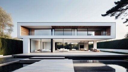Modern villa with a minimalist exterior, incorporating clean lines and large glass panels - obrazy, fototapety, plakaty