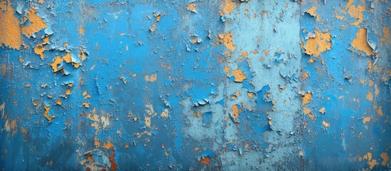 The contrasting blue hues and flaky rust textures create a captivating abstract background on a metal wall.