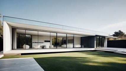 Fototapeta na wymiar Modern villa with a minimalist exterior, incorporating clean lines and large glass panels