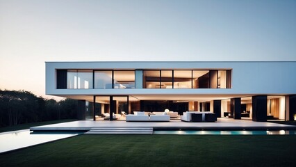 Modern villa with a minimalist exterior, incorporating clean lines and large glass panels